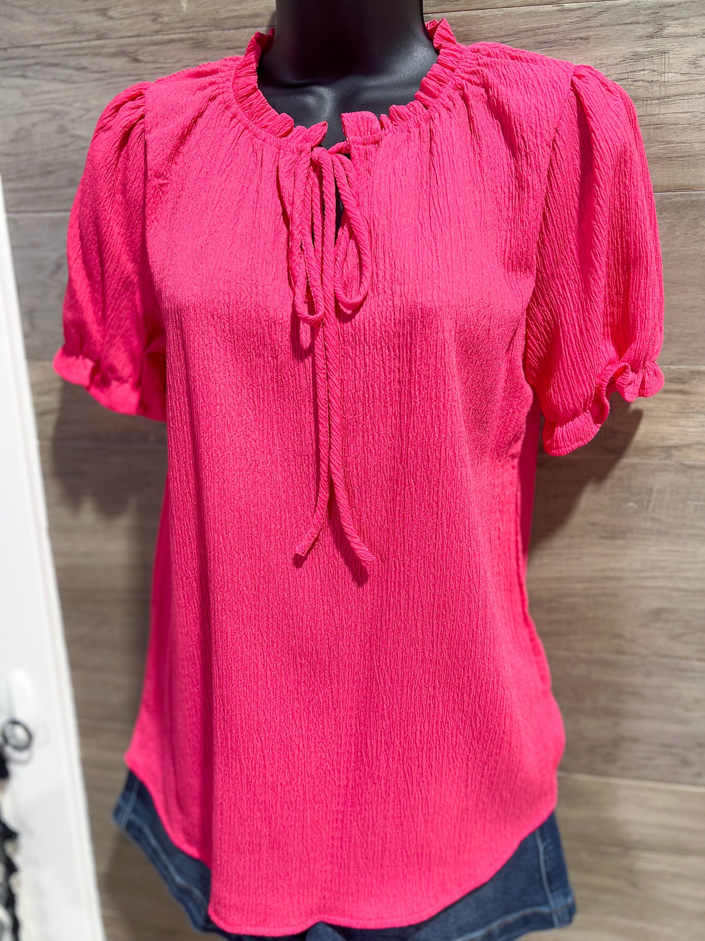 Fuchsia Ruffle Mock Neck Blouse