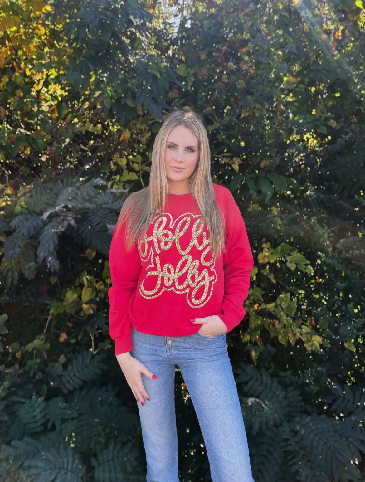 Holly Jolly Faux Glitter Crewneck Sweatshirt
