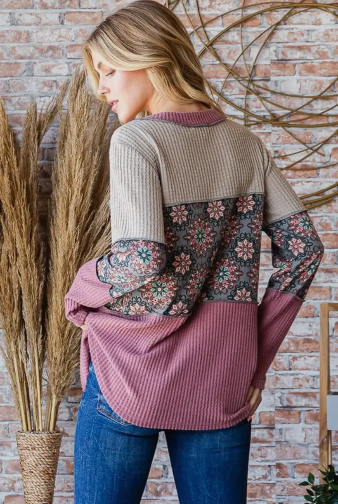 Mauve Vintage Colorblock Long Sleeve Top