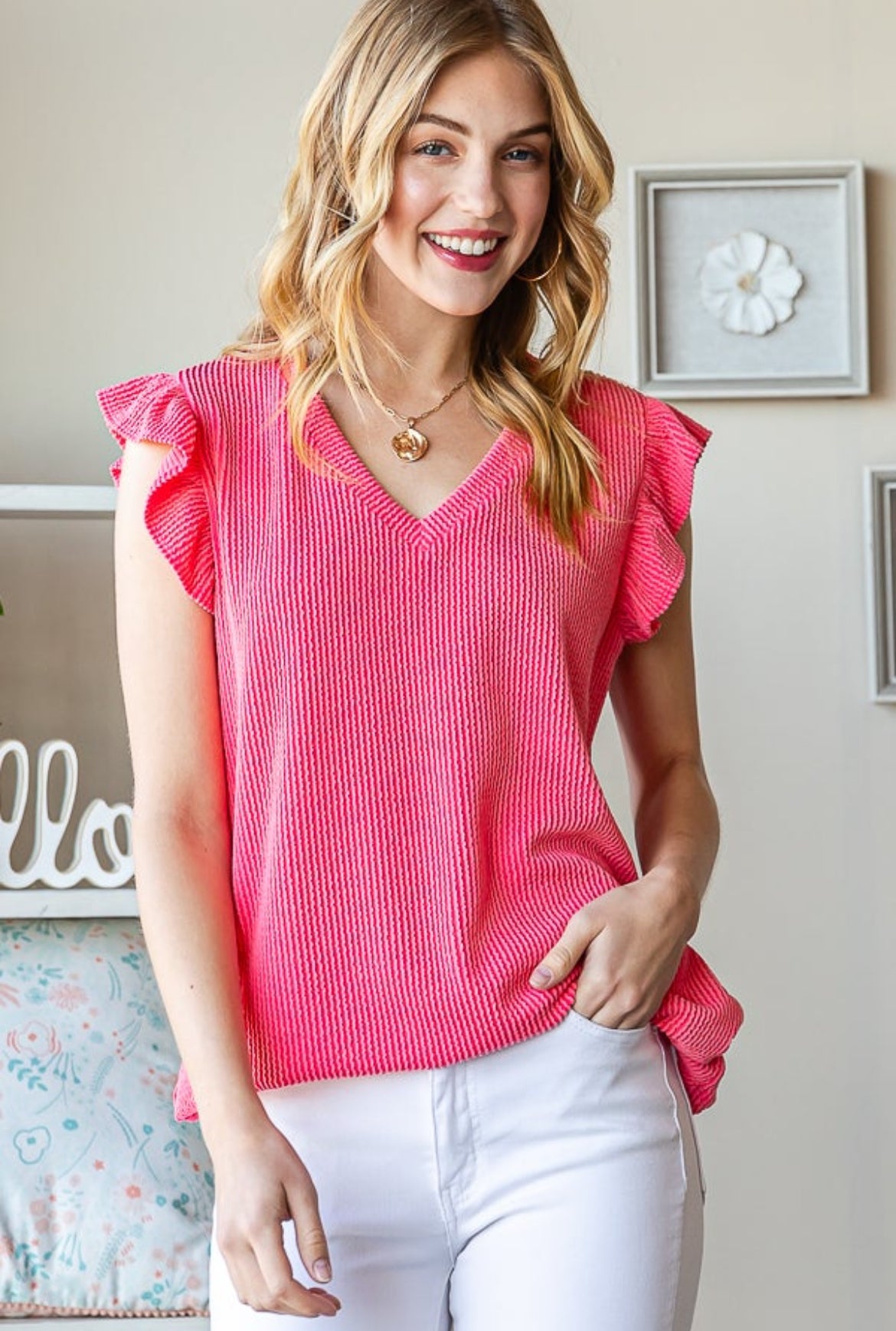 Coral Pink Ribbed Ruffle Sleeve Top