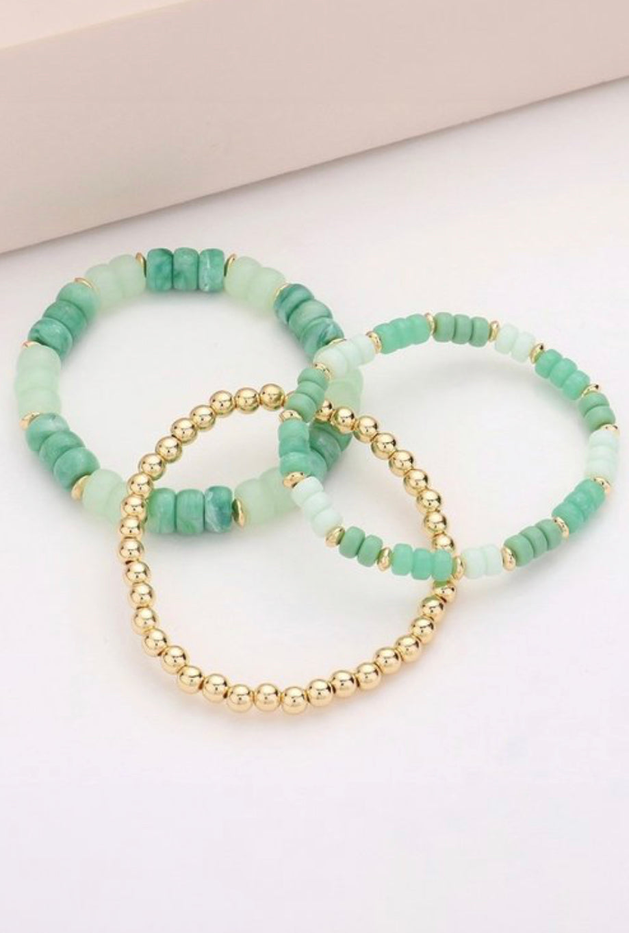 Green + Gold Beaded Bracelet Set