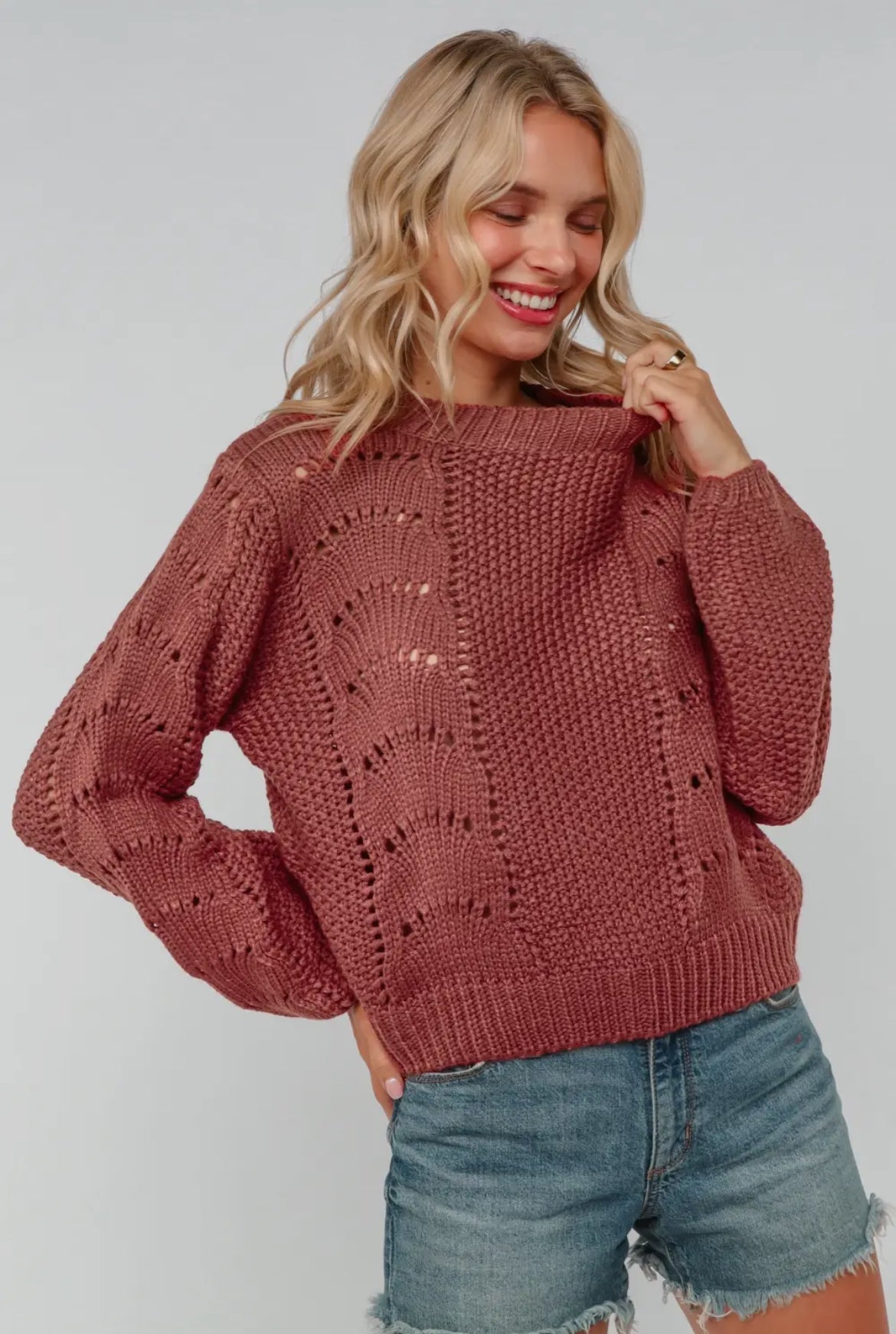 Rusty Rose Scallop Knit Sweater