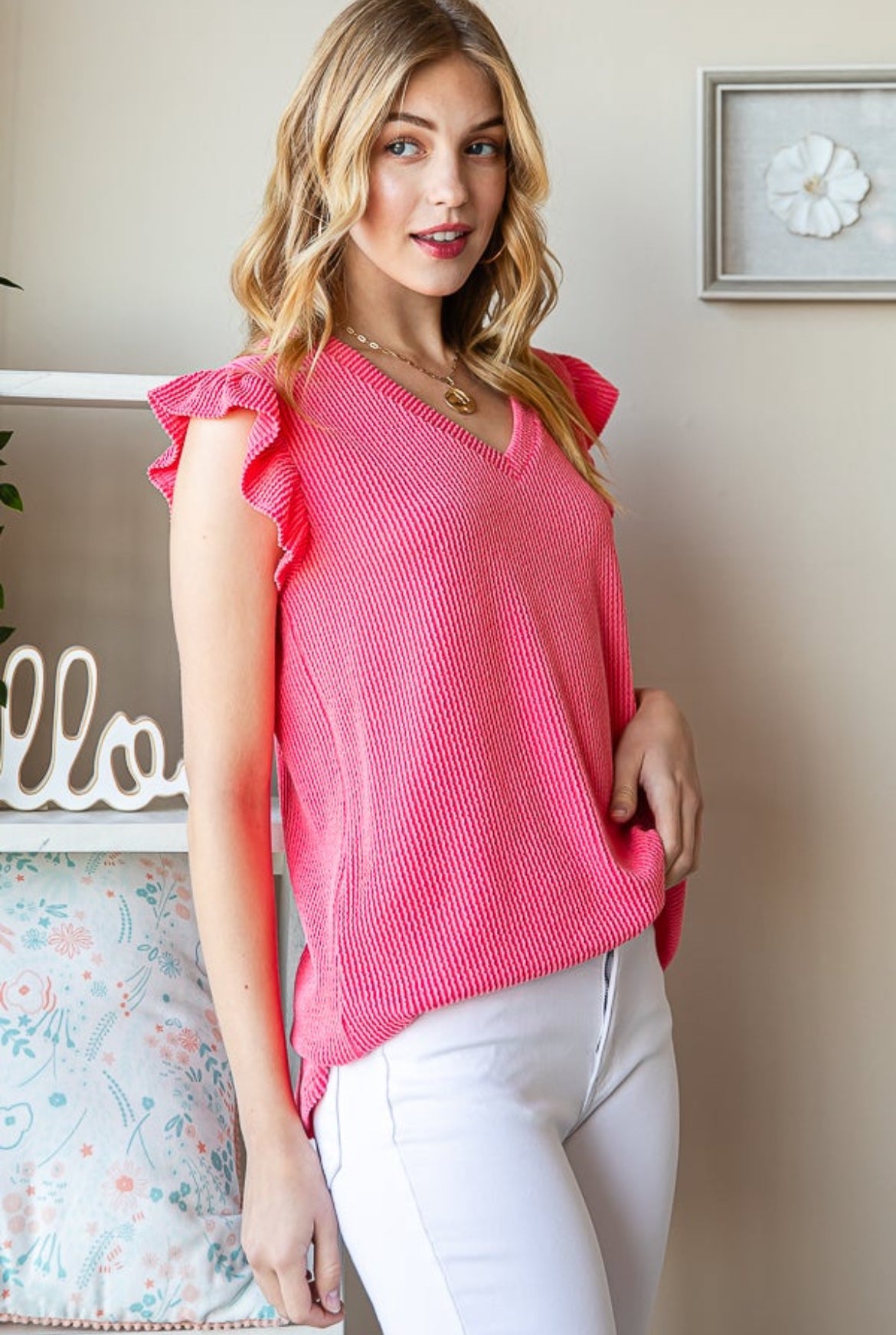 Coral Pink Ribbed Ruffle Sleeve Top