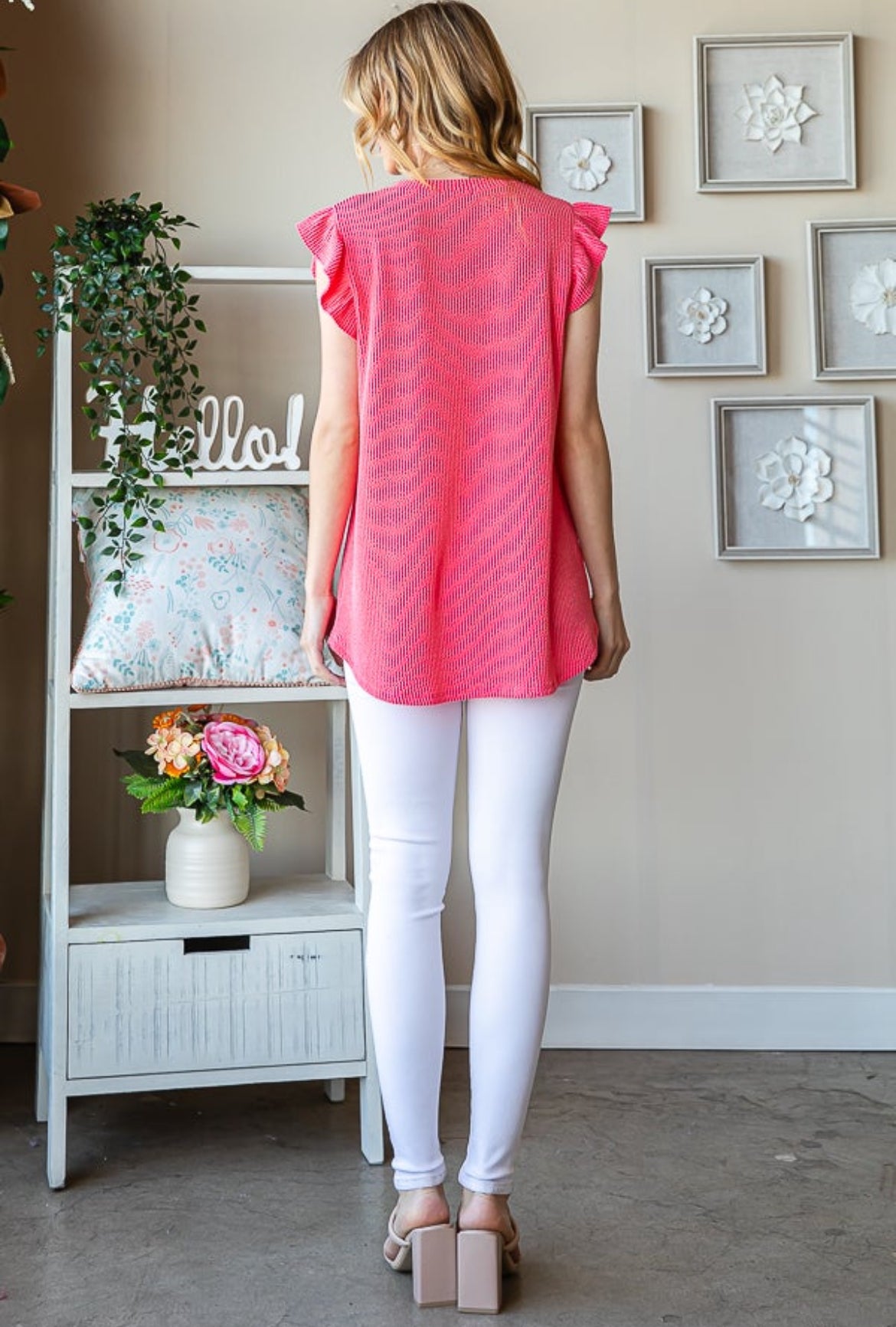 Coral Pink Ribbed Ruffle Sleeve Top