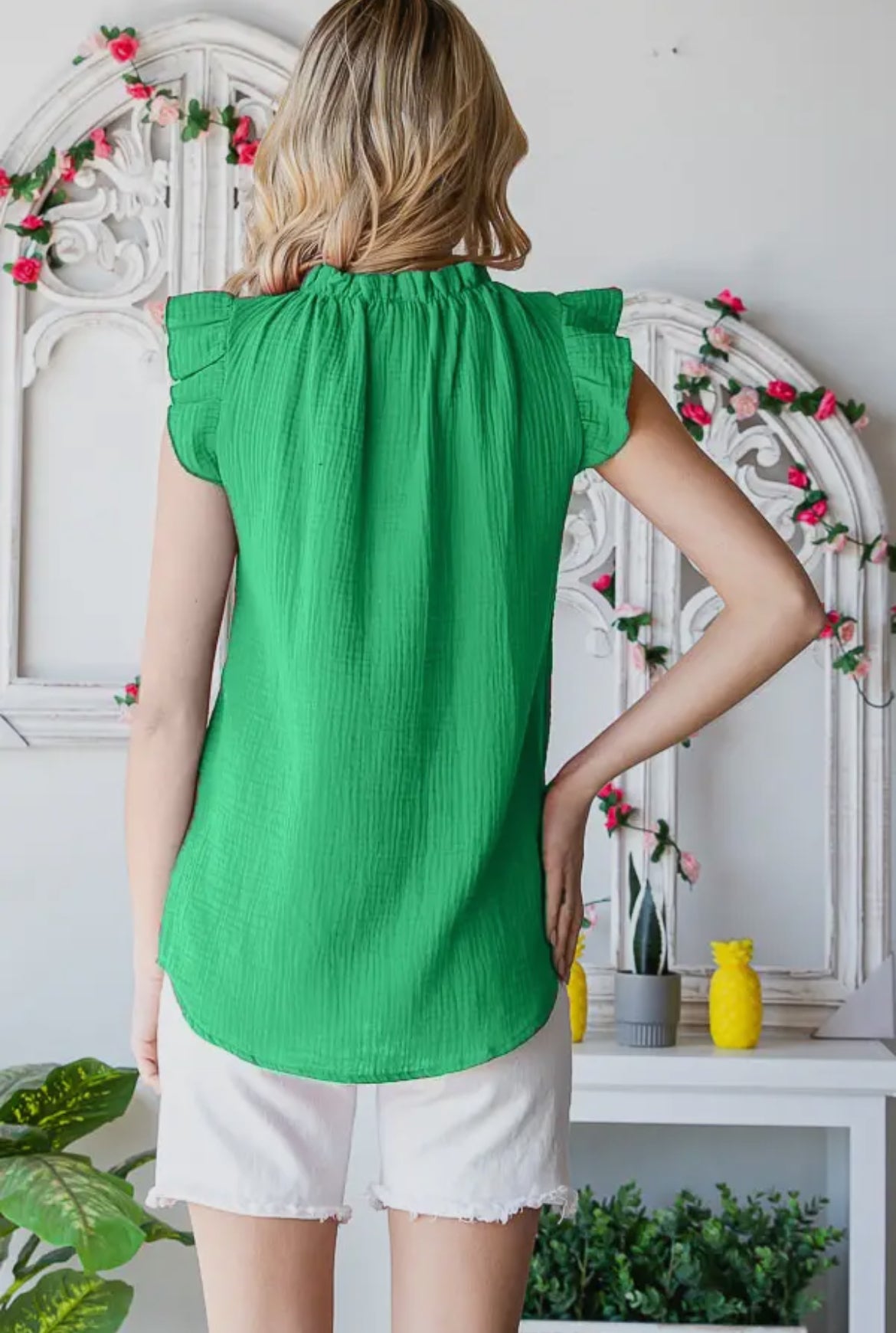 Kelly Green Flutter Sleeve Mock Neck Top