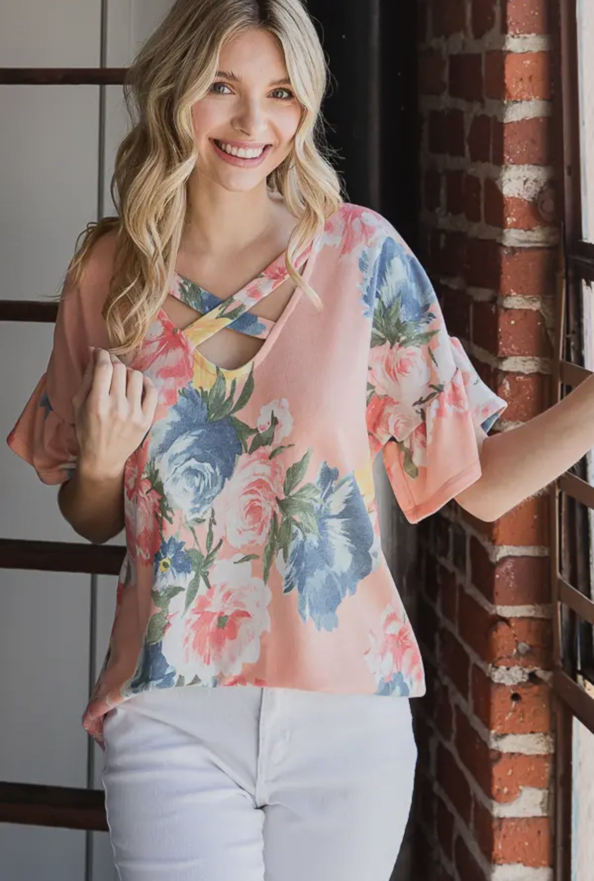 Coral Floral Ruffle Sleeve Top