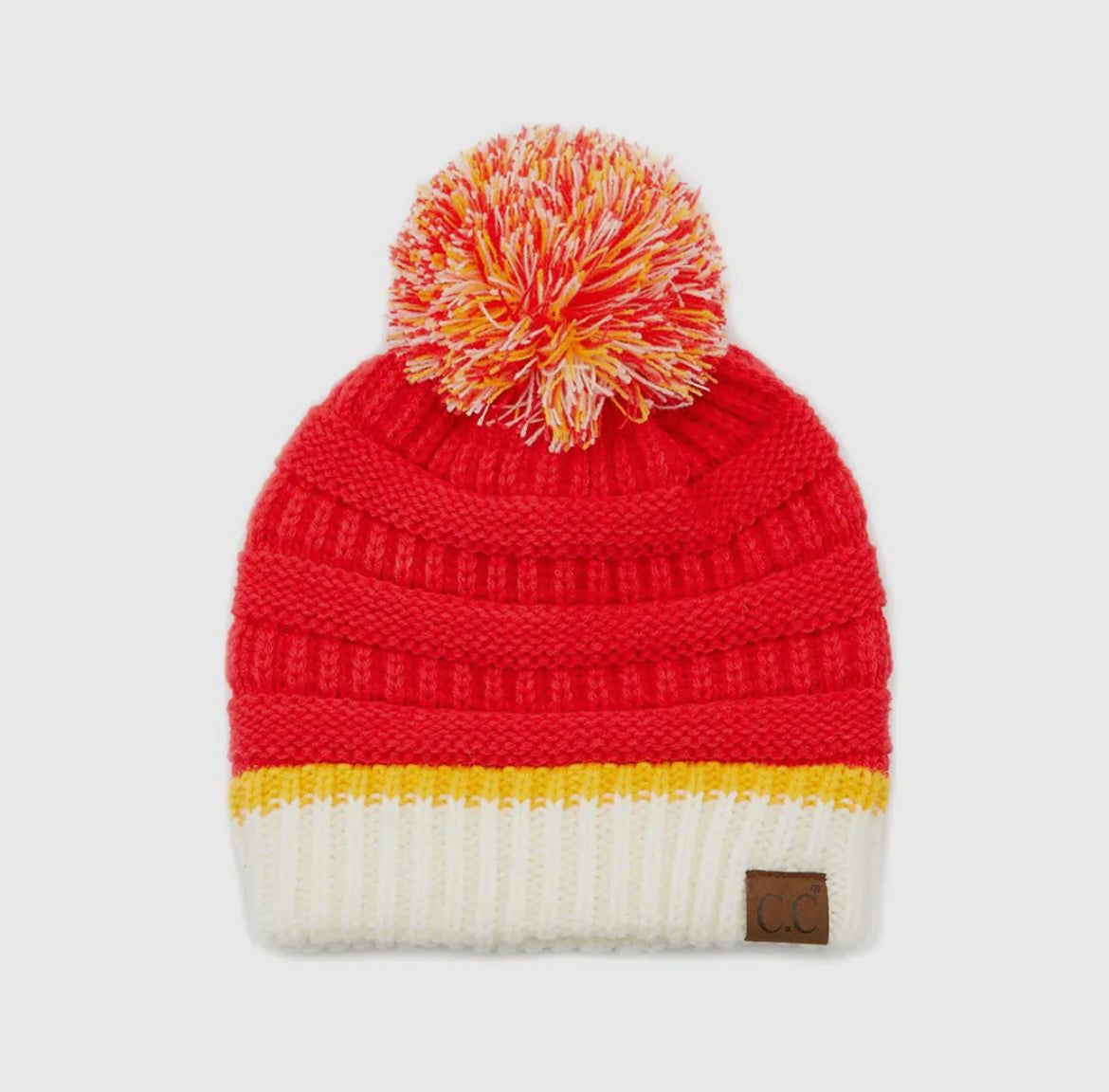 Red & Gold Colorblock Pom Beanie