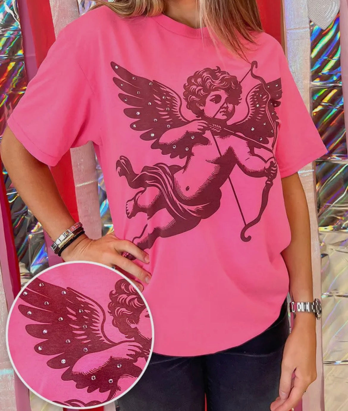 Hot Pink Cupid Rhinestone Tee