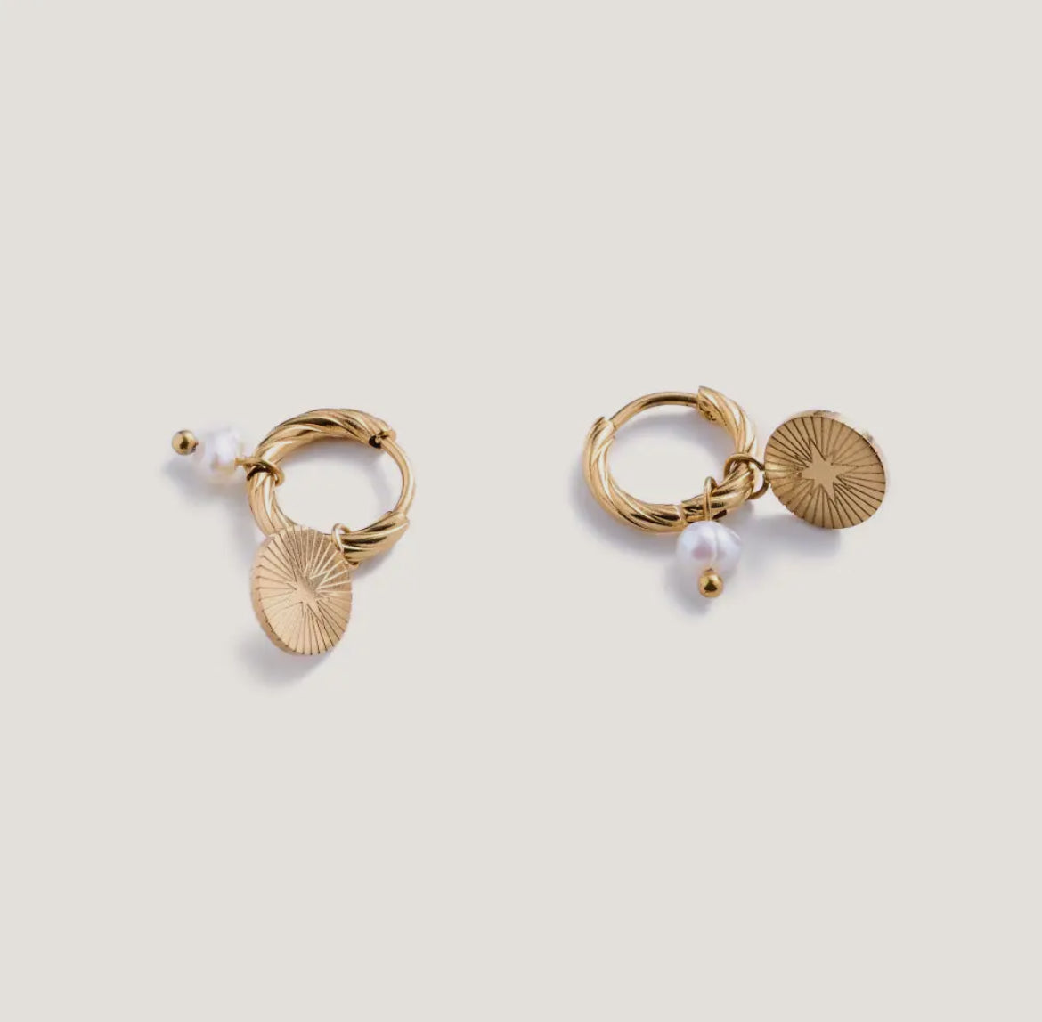 Gold Mini Disk & Pearl Huggie Earrings