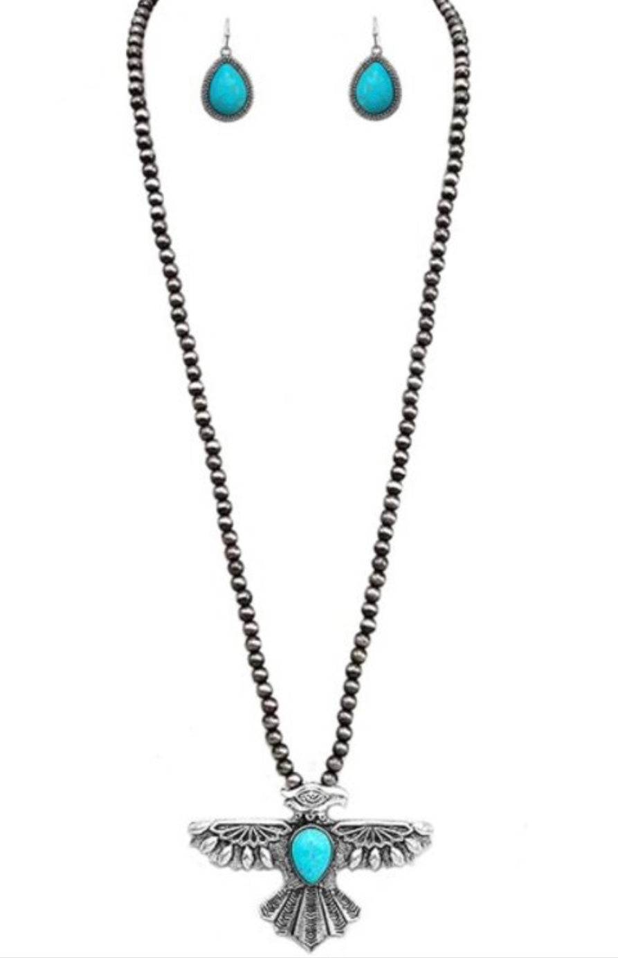 Titanium Pearl + Turquoise Thunderbird Long Necklace + Earrings Set