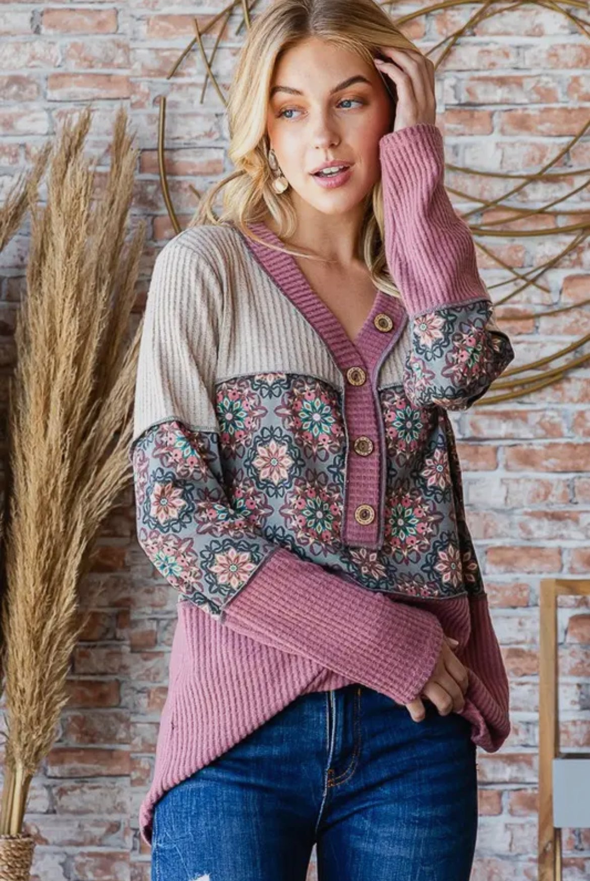 Mauve Vintage Colorblock Long Sleeve Top