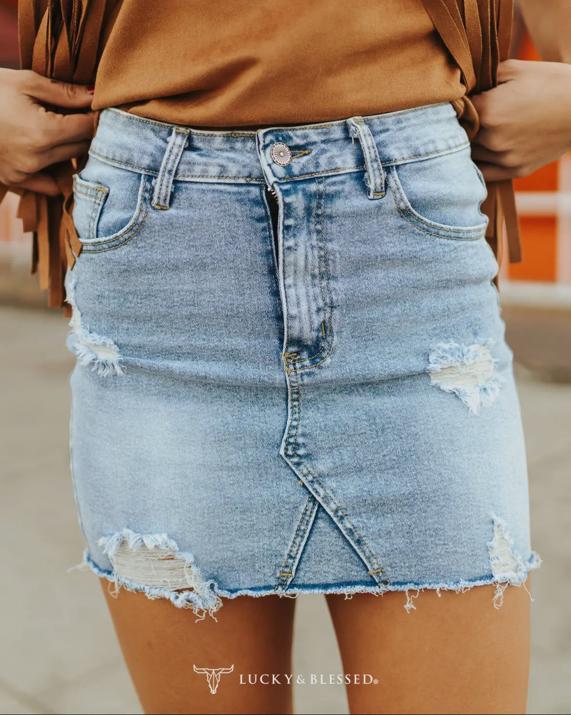 Distressed Light Wash Denim Skirt