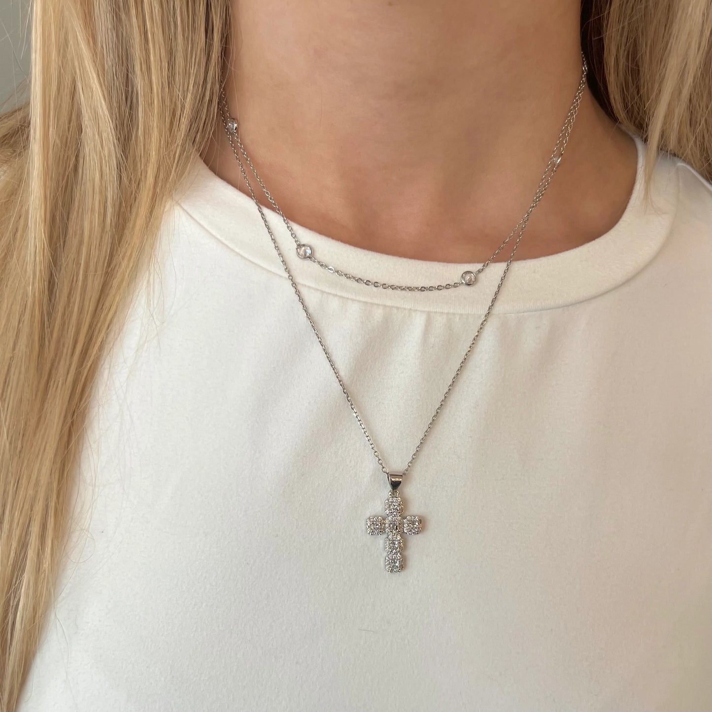 Silver Chunky Crystal Cross Pendant Necklace