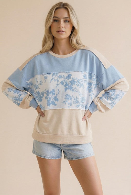 Light Blue Floral Color Block Long Sleeve Top