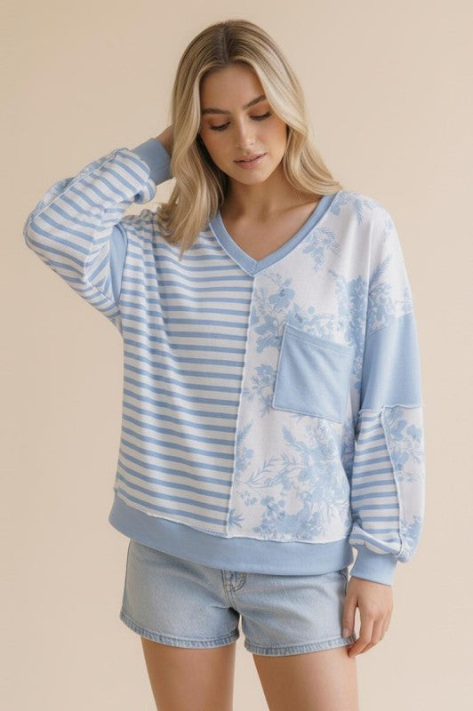 Light Blue Floral + Stripes Long Sleeve Top