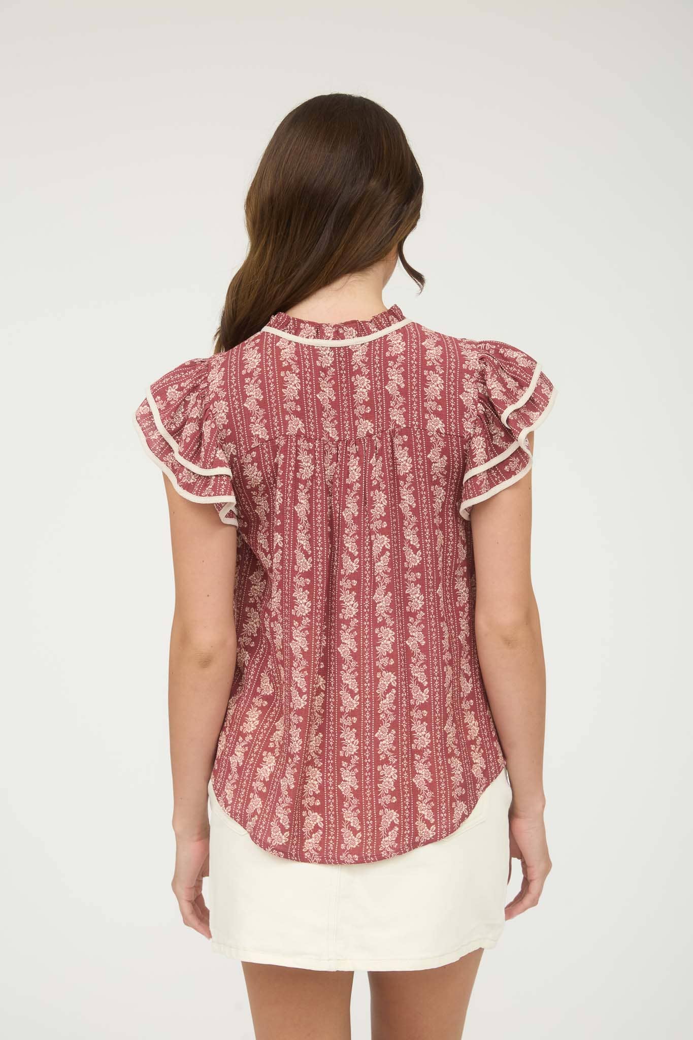 Burgundy Floral + Stripe Tie Front Top