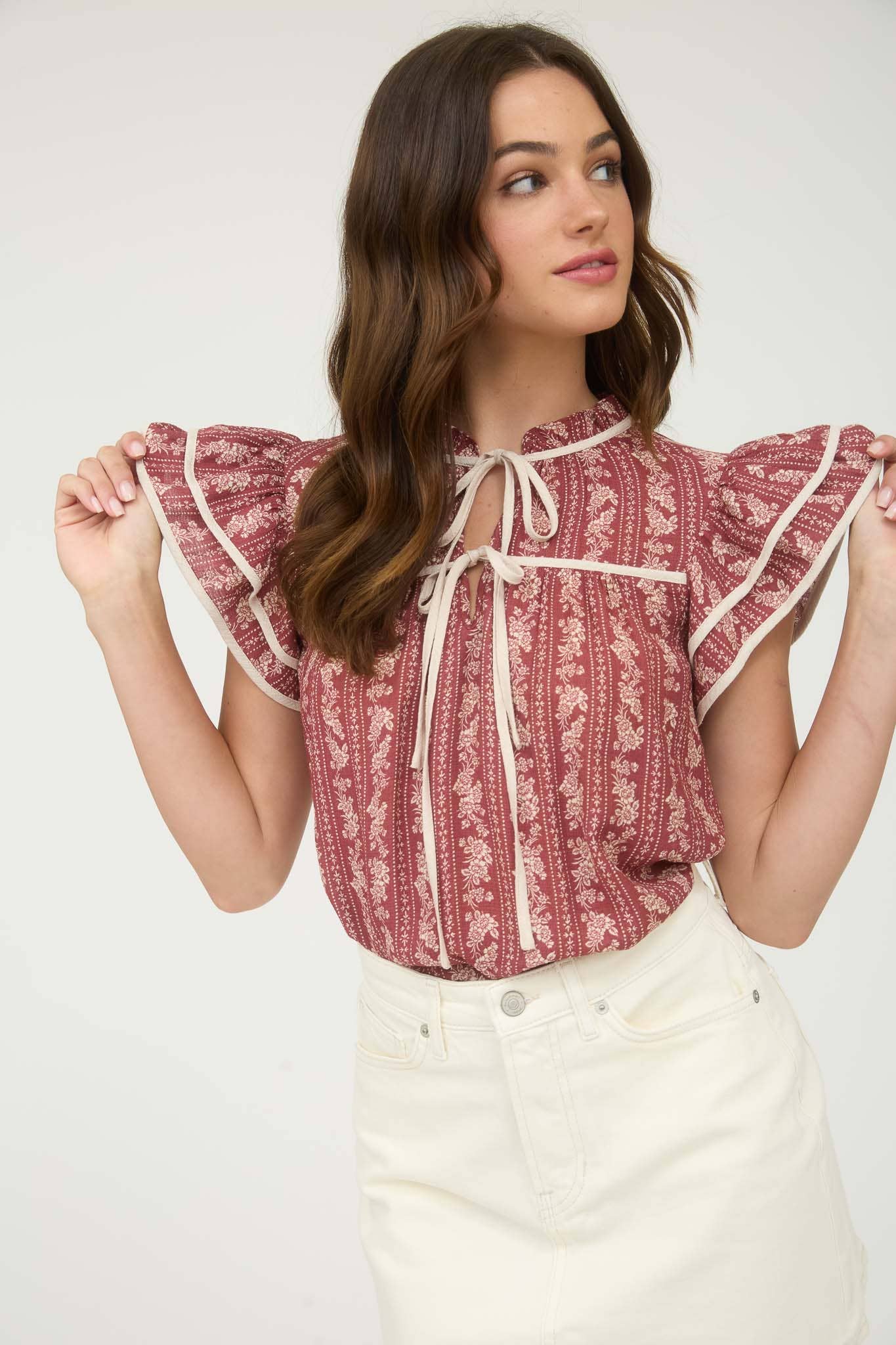 Burgundy Floral + Stripe Tie Front Top