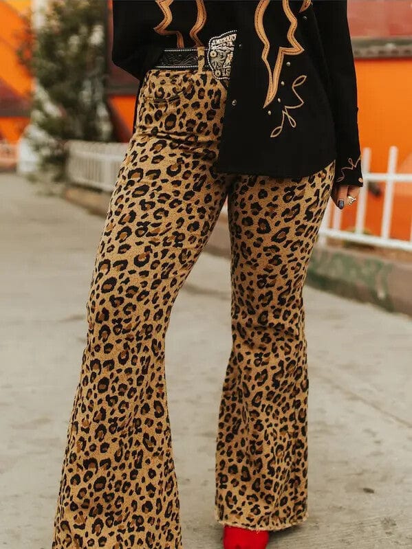 Brown Leopard Denim High Rise Flare Jeans