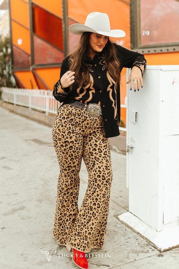 Brown Leopard Denim High Rise Flare Jeans