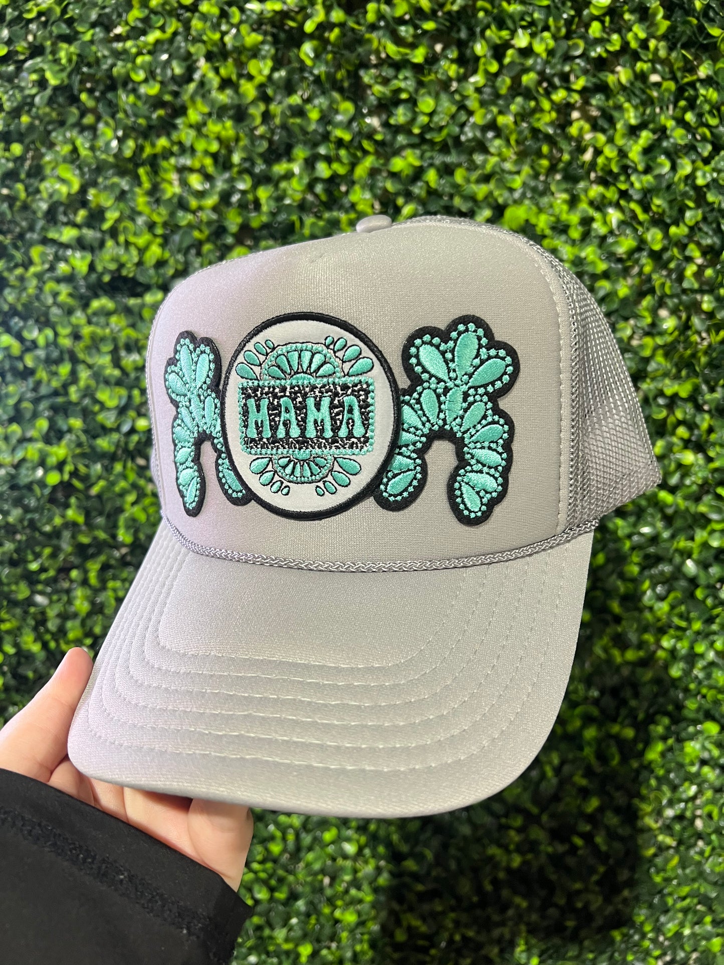 Grey Turquoise Mama Trucker Hat
