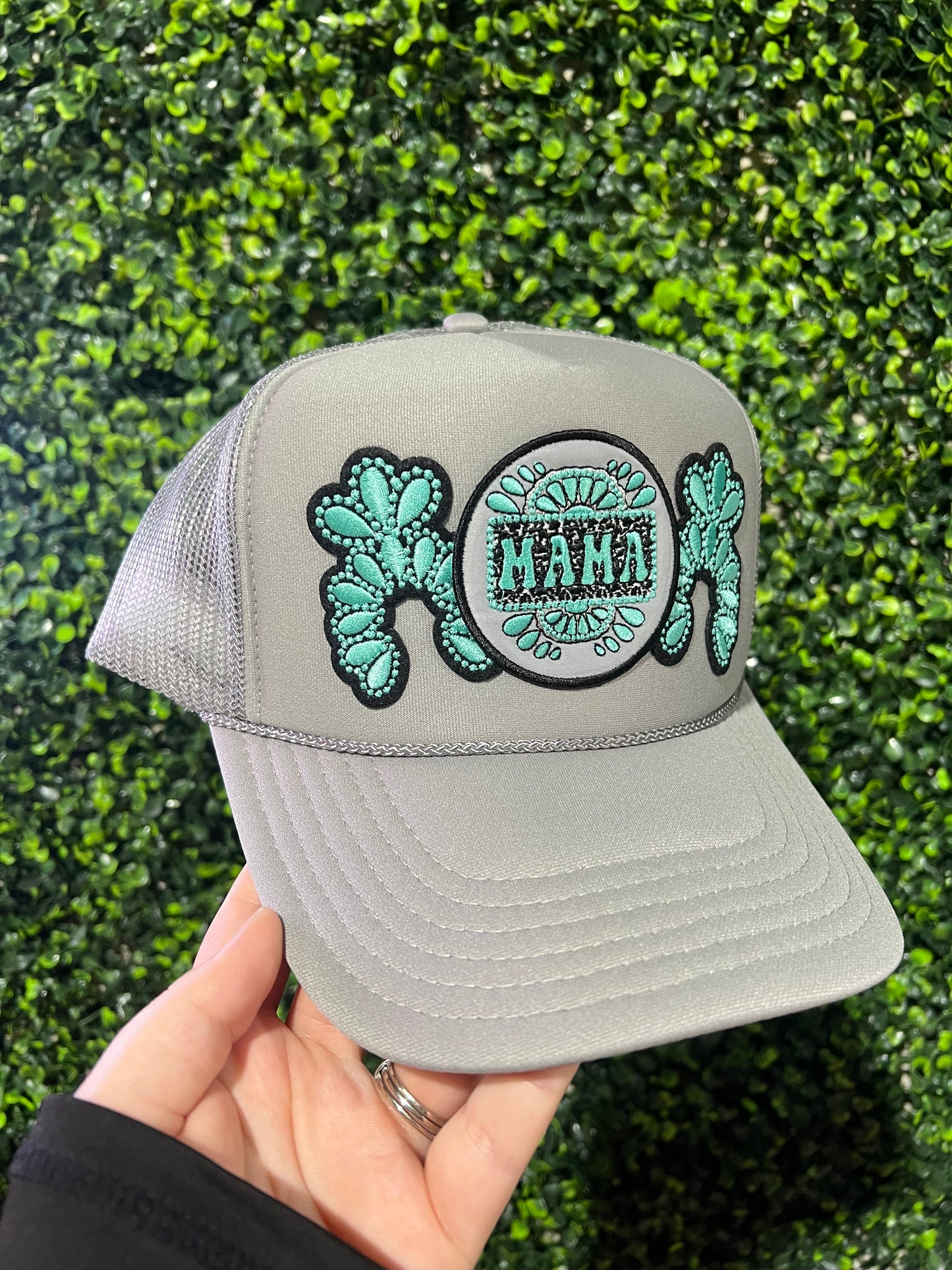 Grey Turquoise Mama Trucker Hat