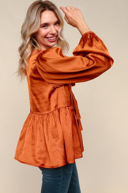 Rust Satin Bow Front Babydoll Blouse
