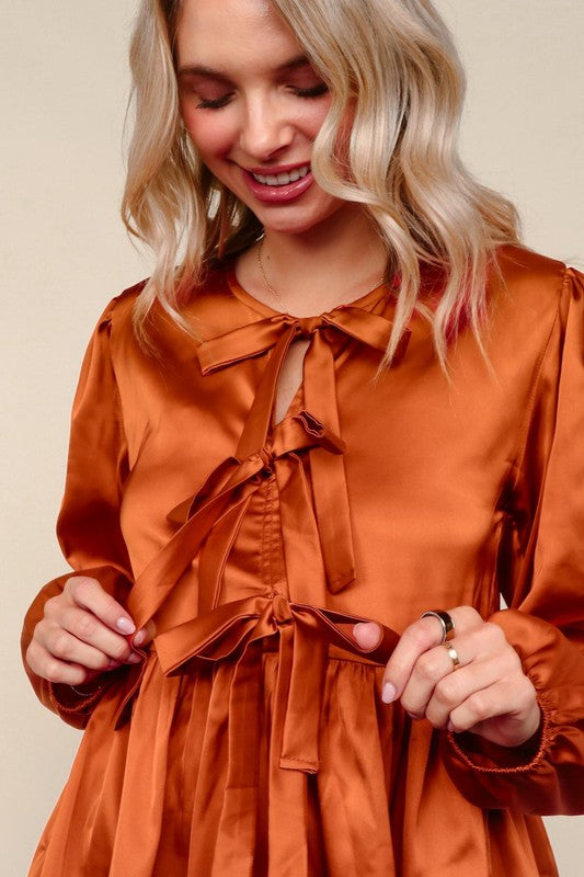 Rust Satin Bow Front Babydoll Blouse