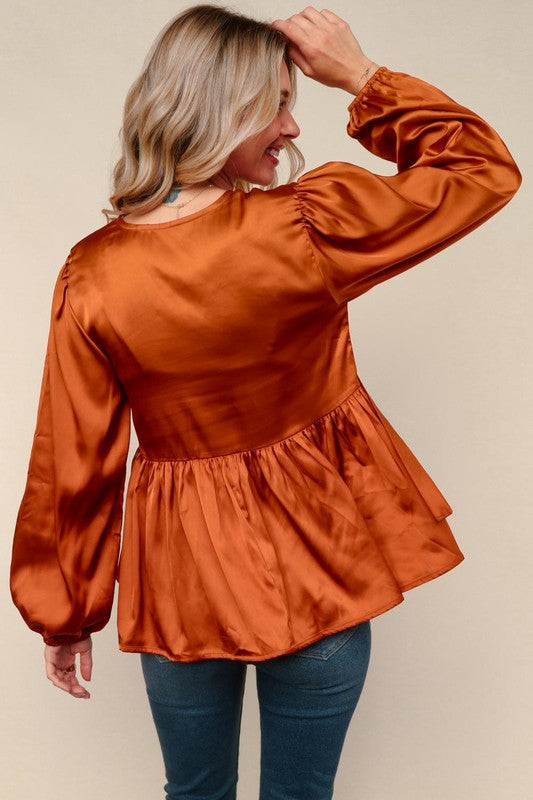 Rust Satin Bow Front Babydoll Blouse