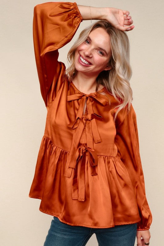 Rust Satin Bow Front Babydoll Blouse