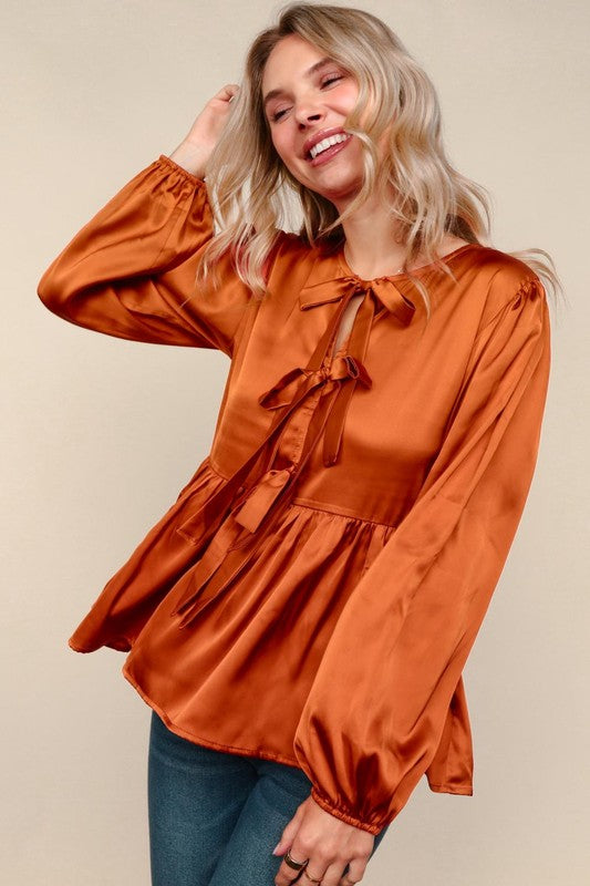 Rust Satin Bow Front Babydoll Blouse