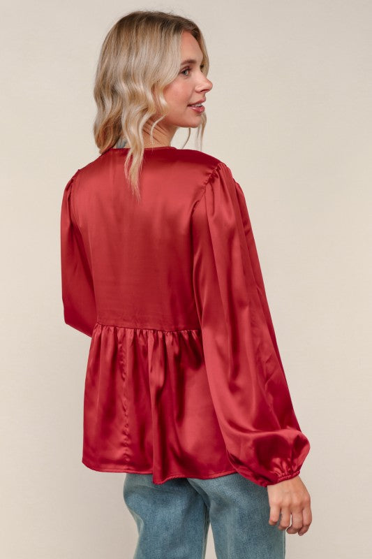 Burgundy Satin Bow Front Babydoll Blouse