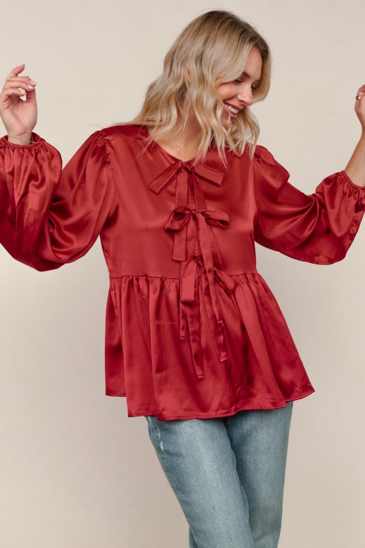 Burgundy Satin Bow Front Babydoll Blouse