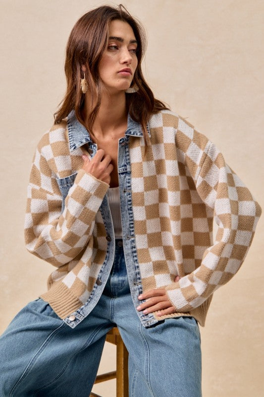 Latte Checkered Denim Trim Shacket