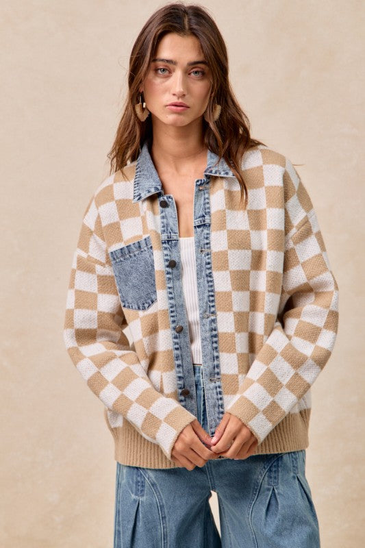 Latte Checkered Denim Trim Shacket