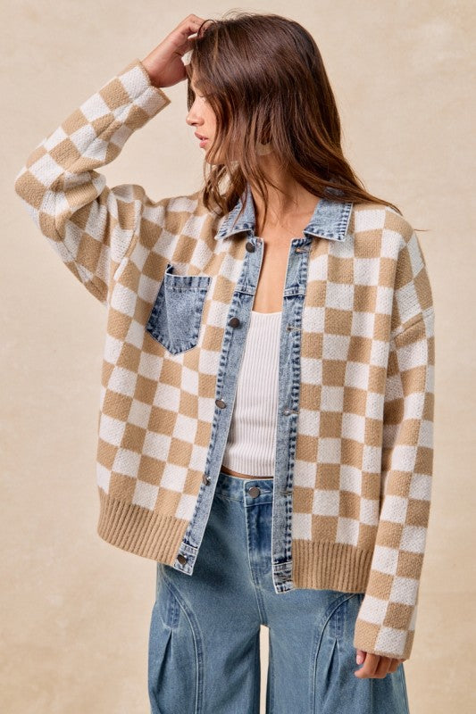 Latte Checkered Denim Trim Shacket