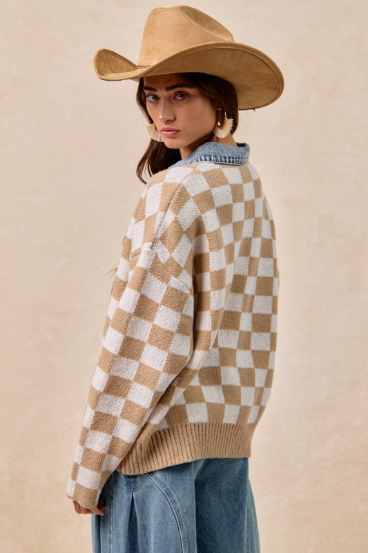 Latte Checkered Denim Trim Shacket