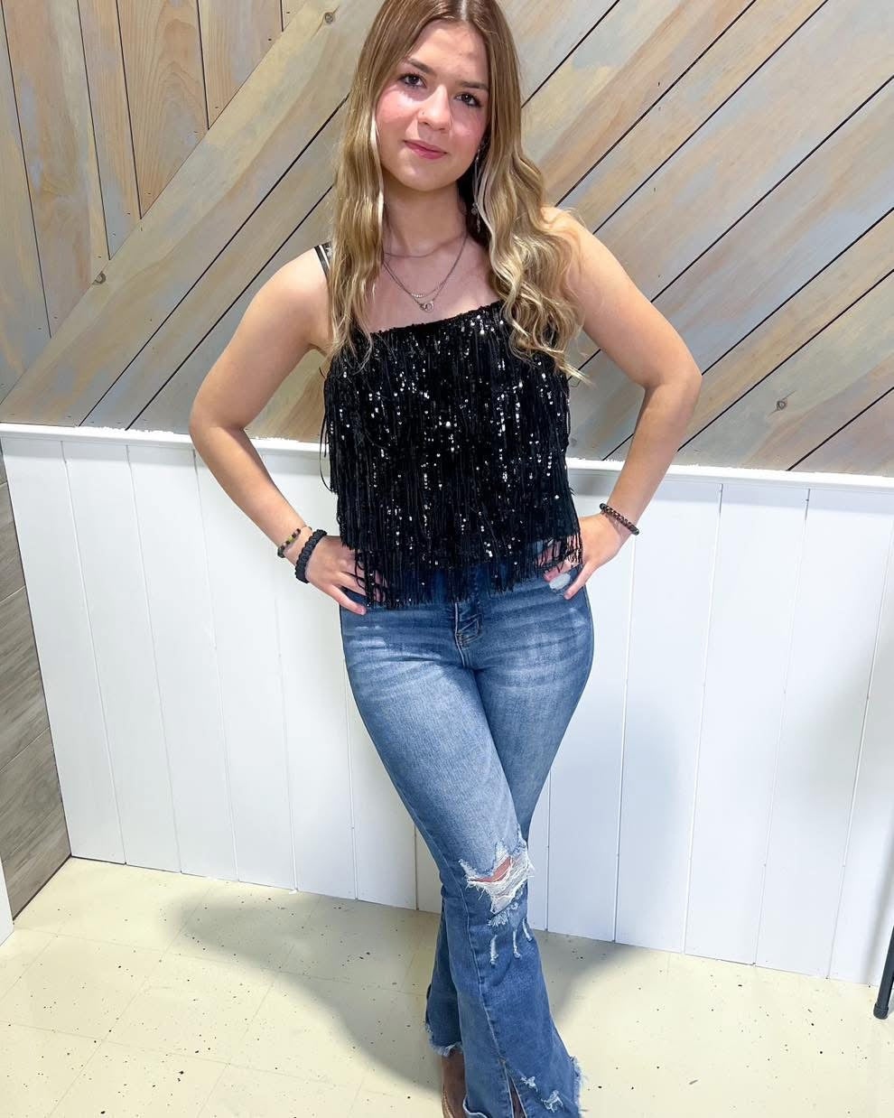 Black Tiered Sequin Cropped Tank Top