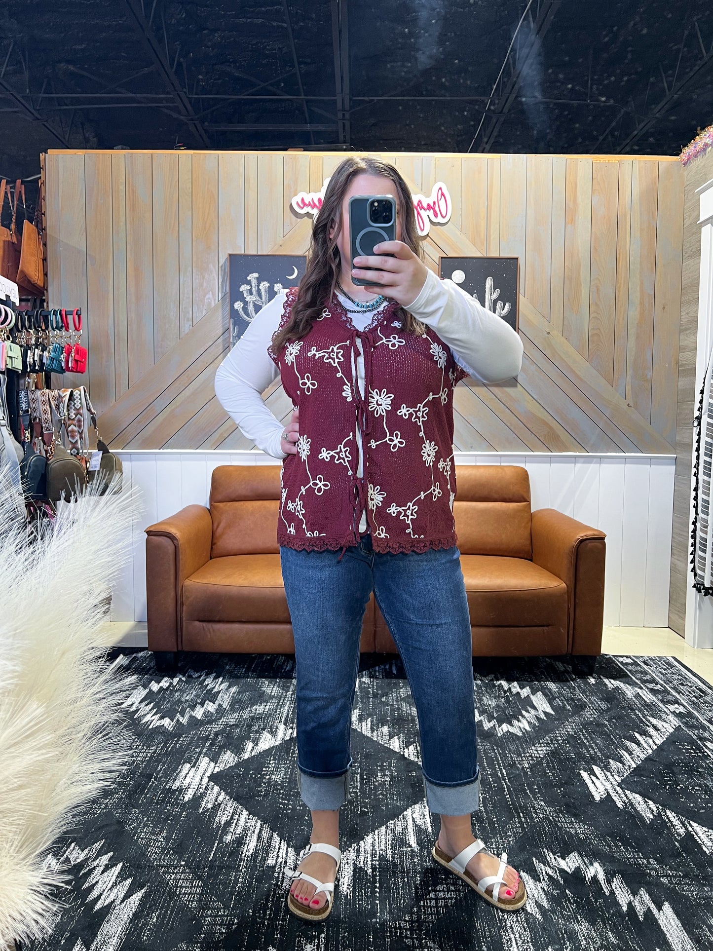 Burgundy Embroidered Tie Front Vest