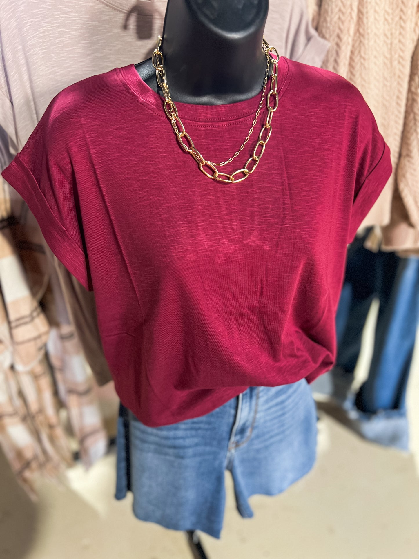 Cabernet Cotton Modal Rolled Sleeve Top