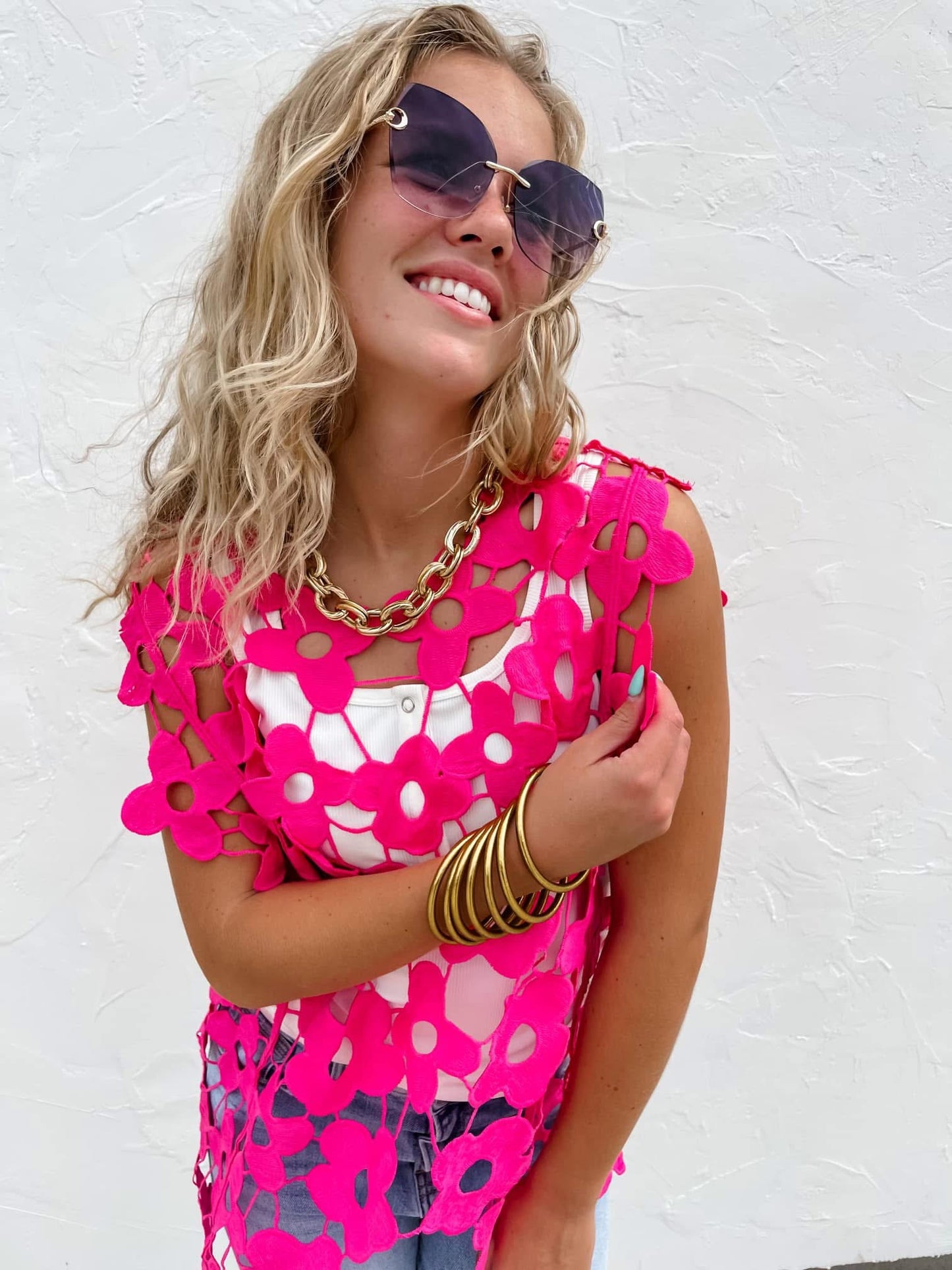 Pink Flower Crochet Lace Top