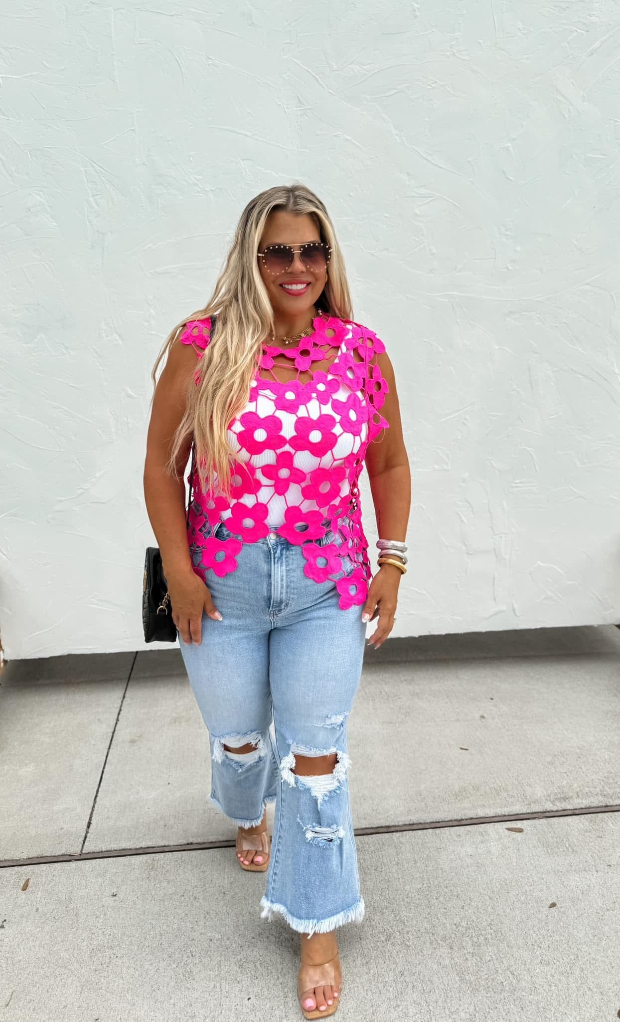 Pink Flower Crochet Lace Top