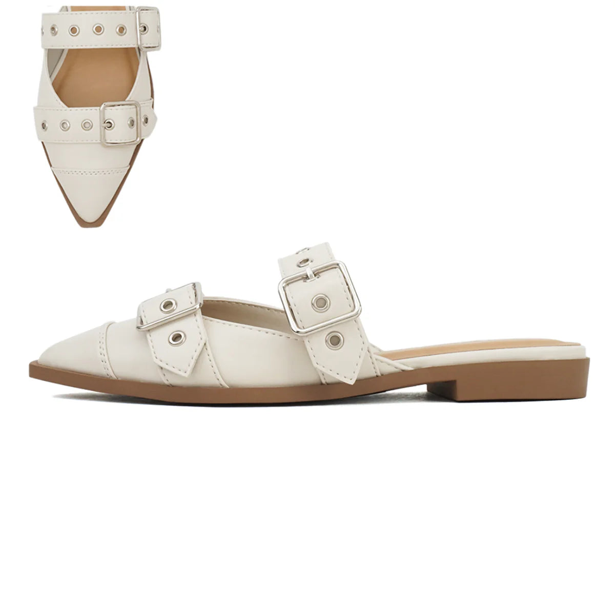 Meredith Off White Buckle Detail Slingback Shoes