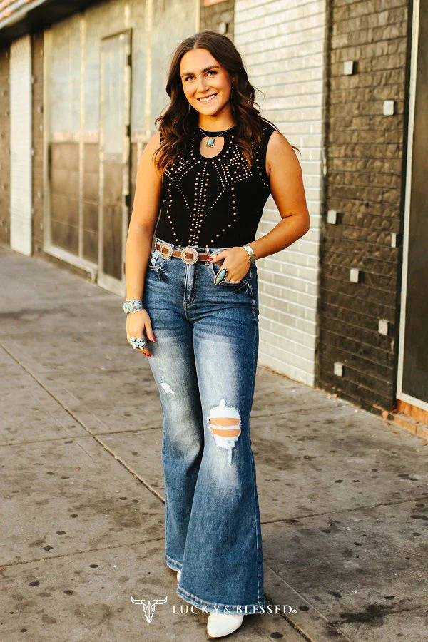 Black + Vintage Gold Studded Keyhole Bodysuit