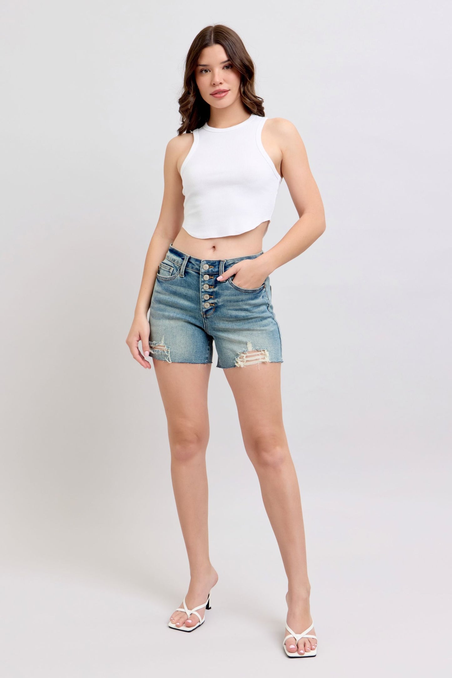 Judy Blue Arizona Mid Rise Buttonfly Distressed Shorts (JB 150294)