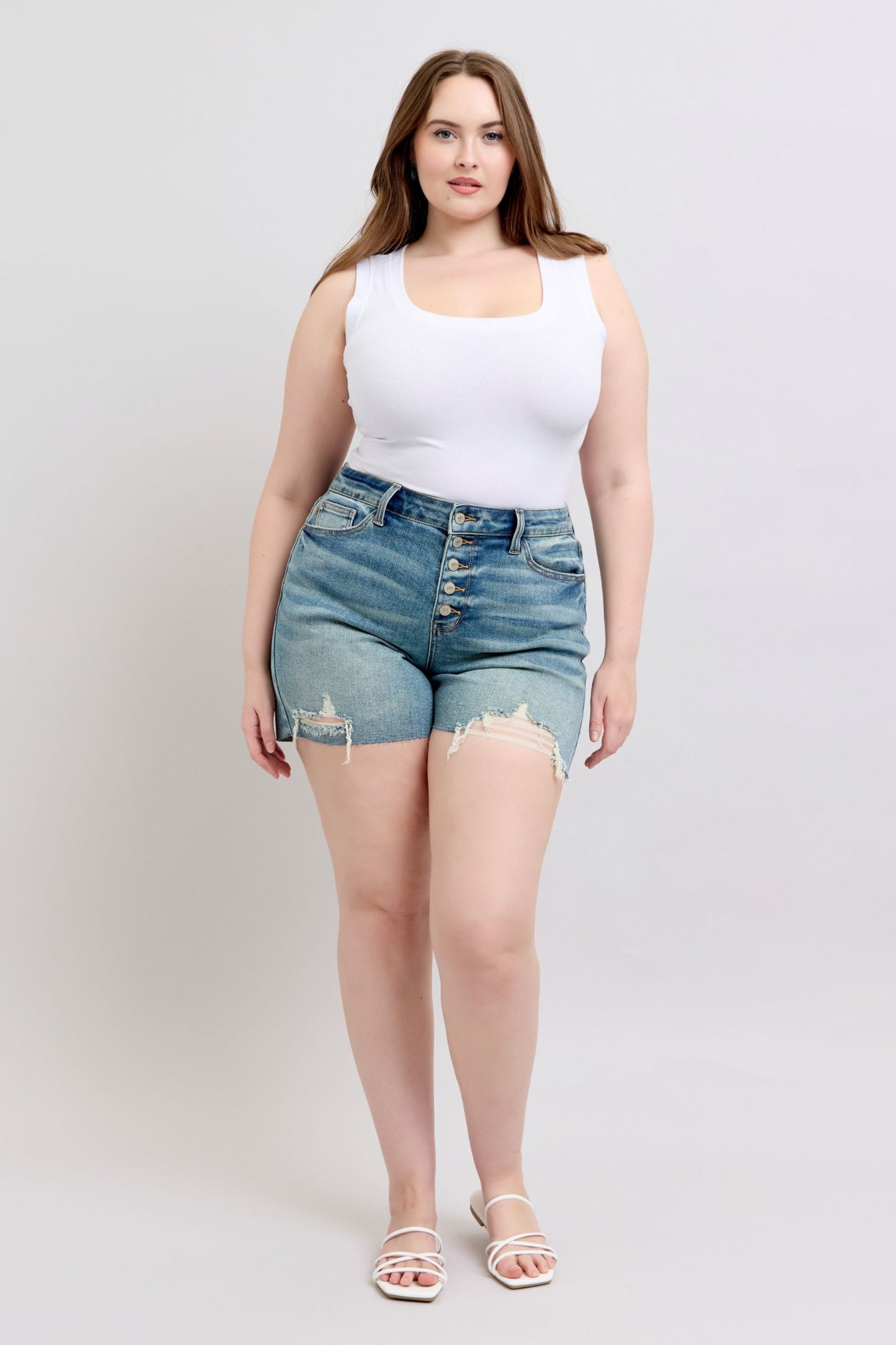 Judy Blue Arizona Mid Rise Buttonfly Distressed Shorts (JB 150294)