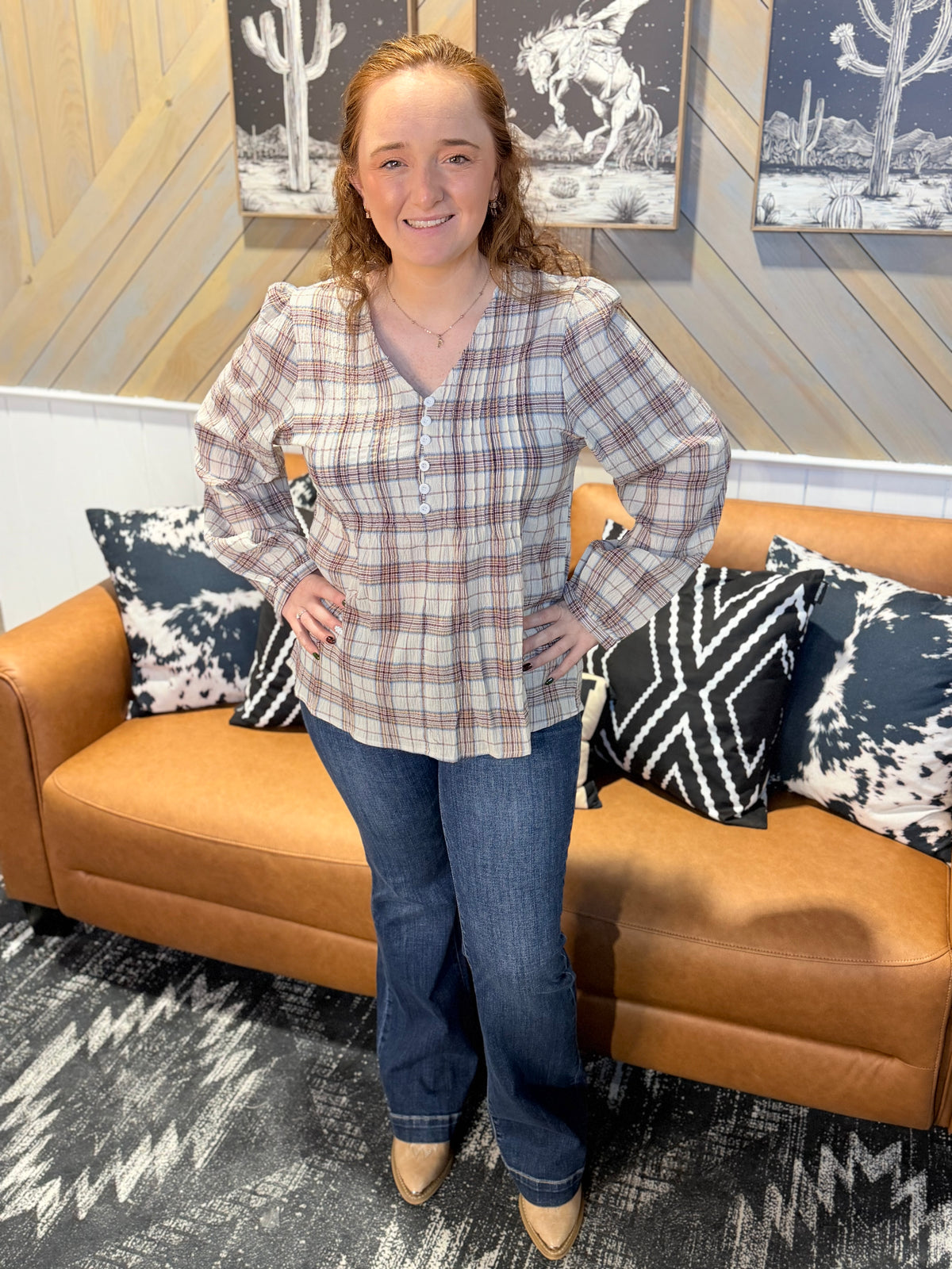 Oatmeal + Taupe Crinkle Plaid Button Blouse