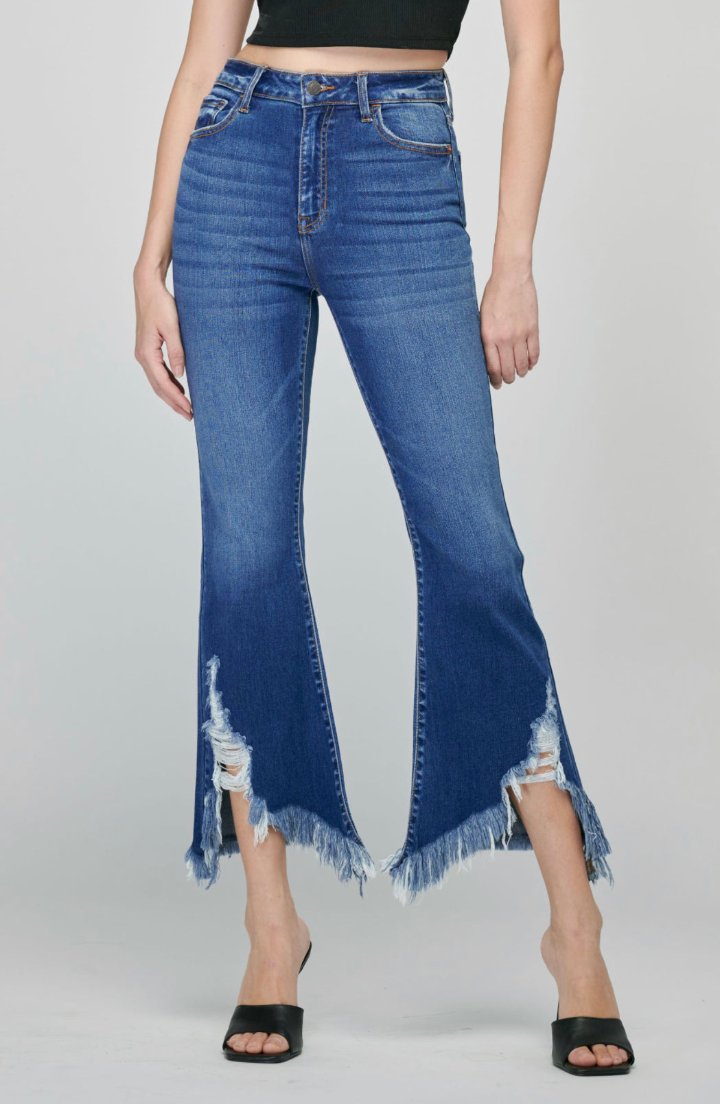 Blue mid rise cropped flared jeans