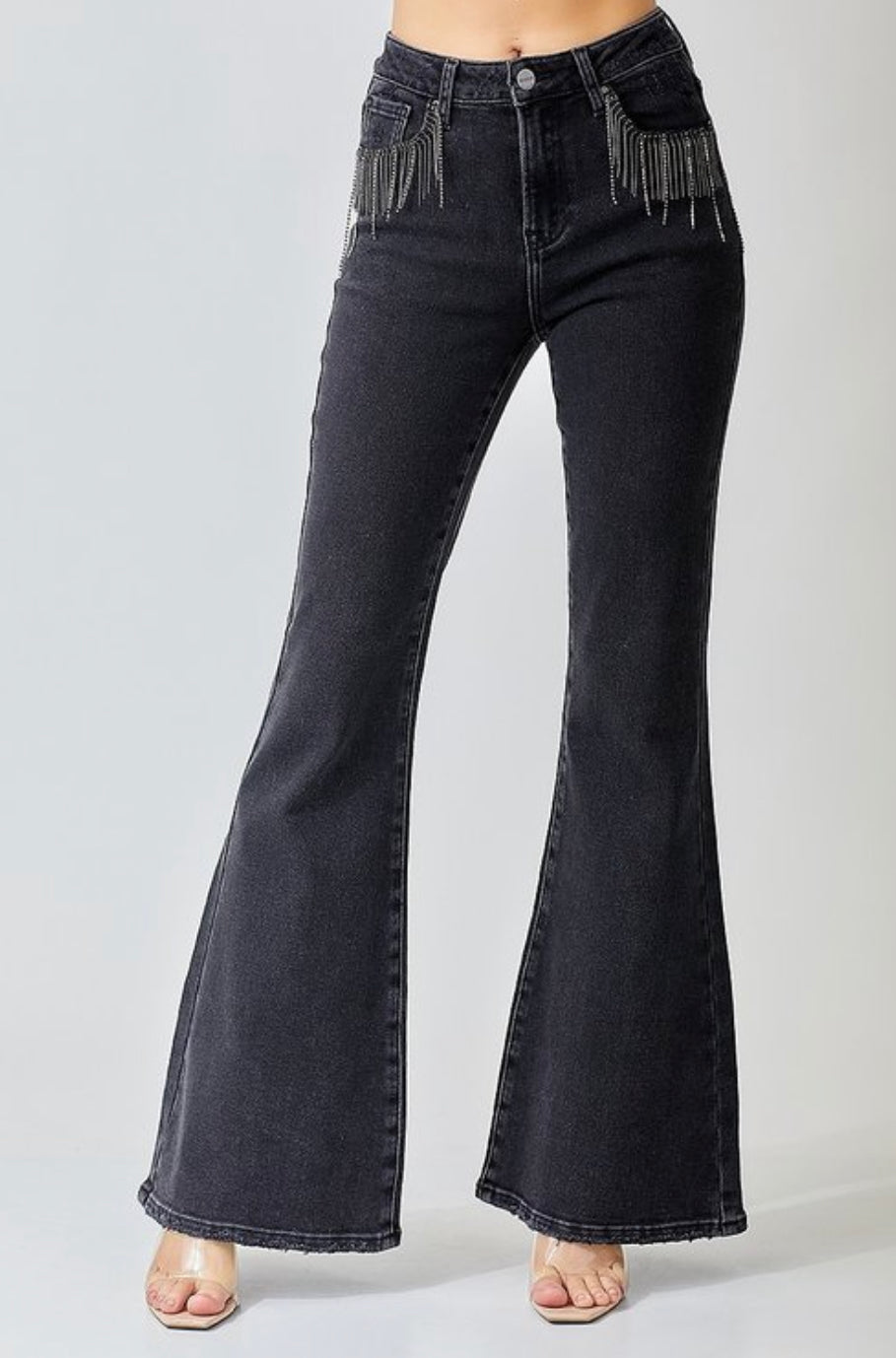 Risen Dolly Black High-Rise Embellished Flare Jeans – Osage Chic