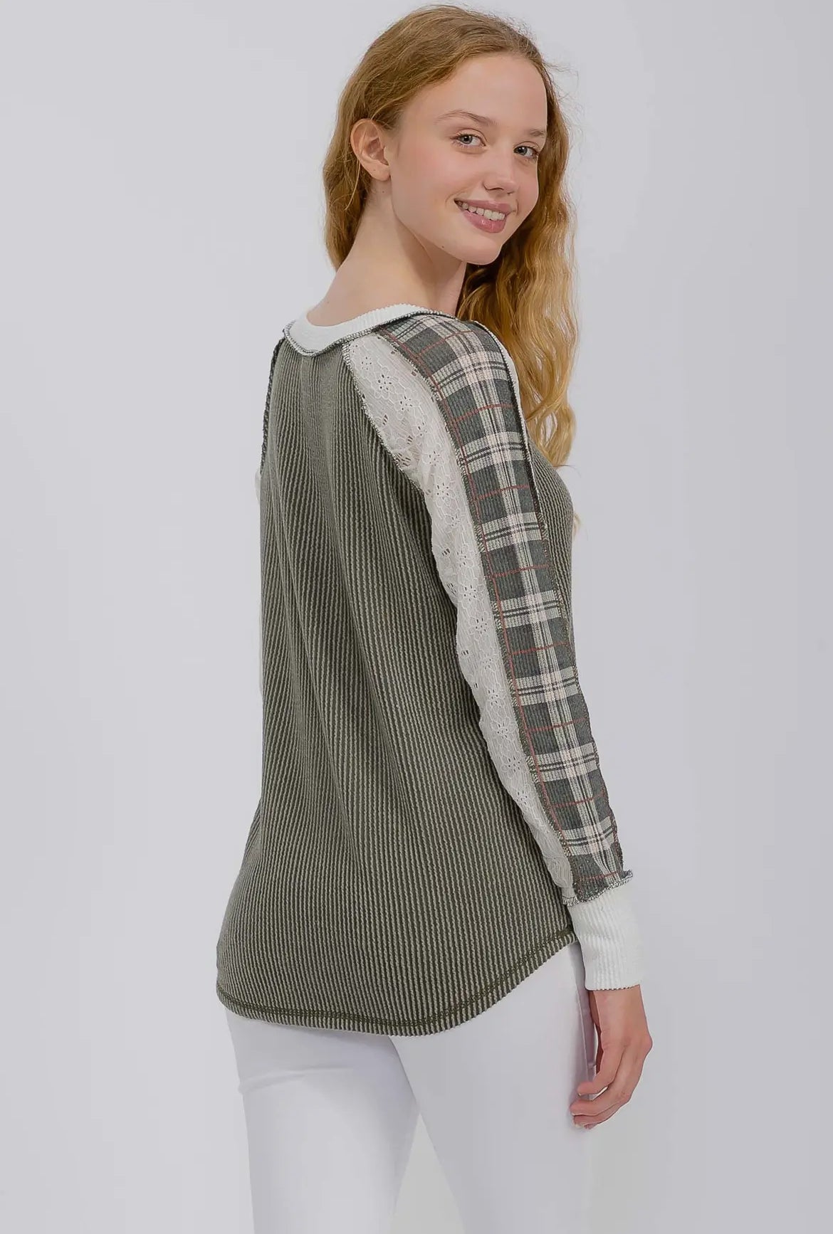 Olive + Plaid Ribbed Colorblock Long Sleeve Top