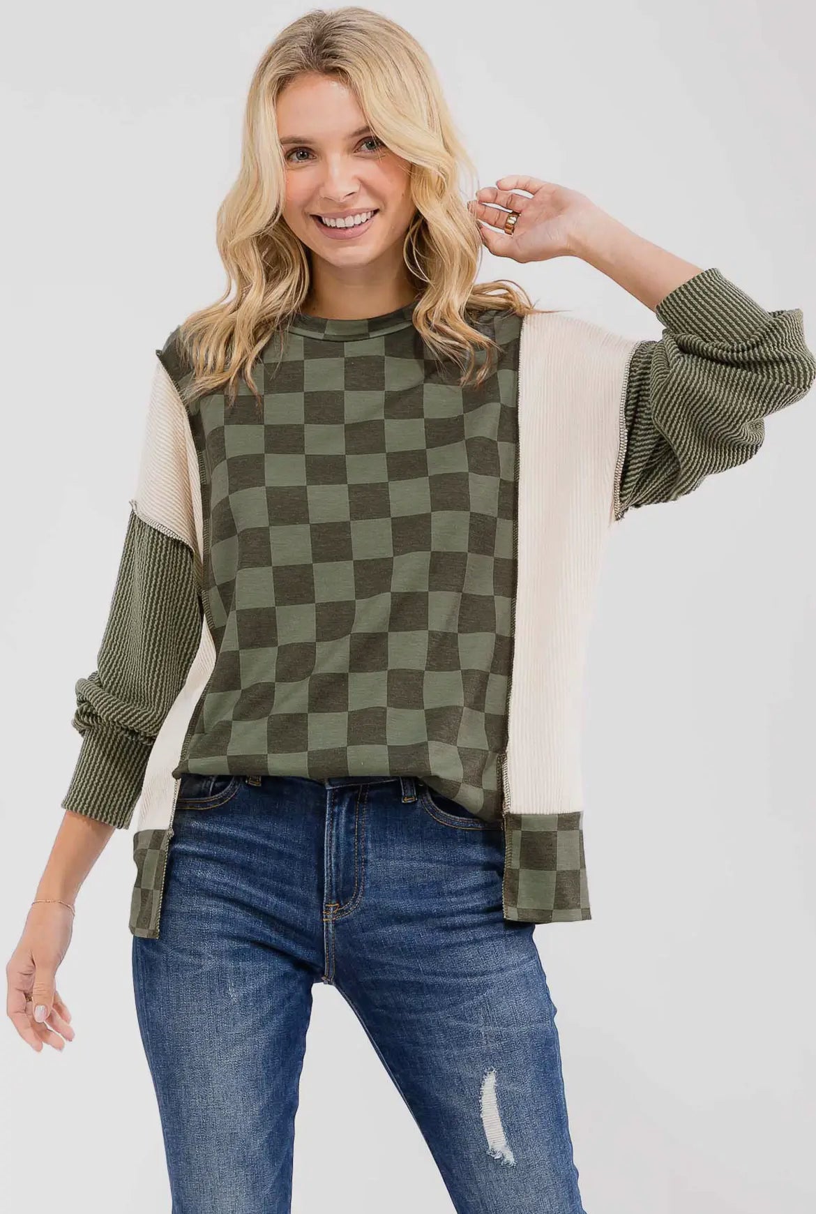 Olive Checkered Ribbed Colorblock Long Sleeve Top